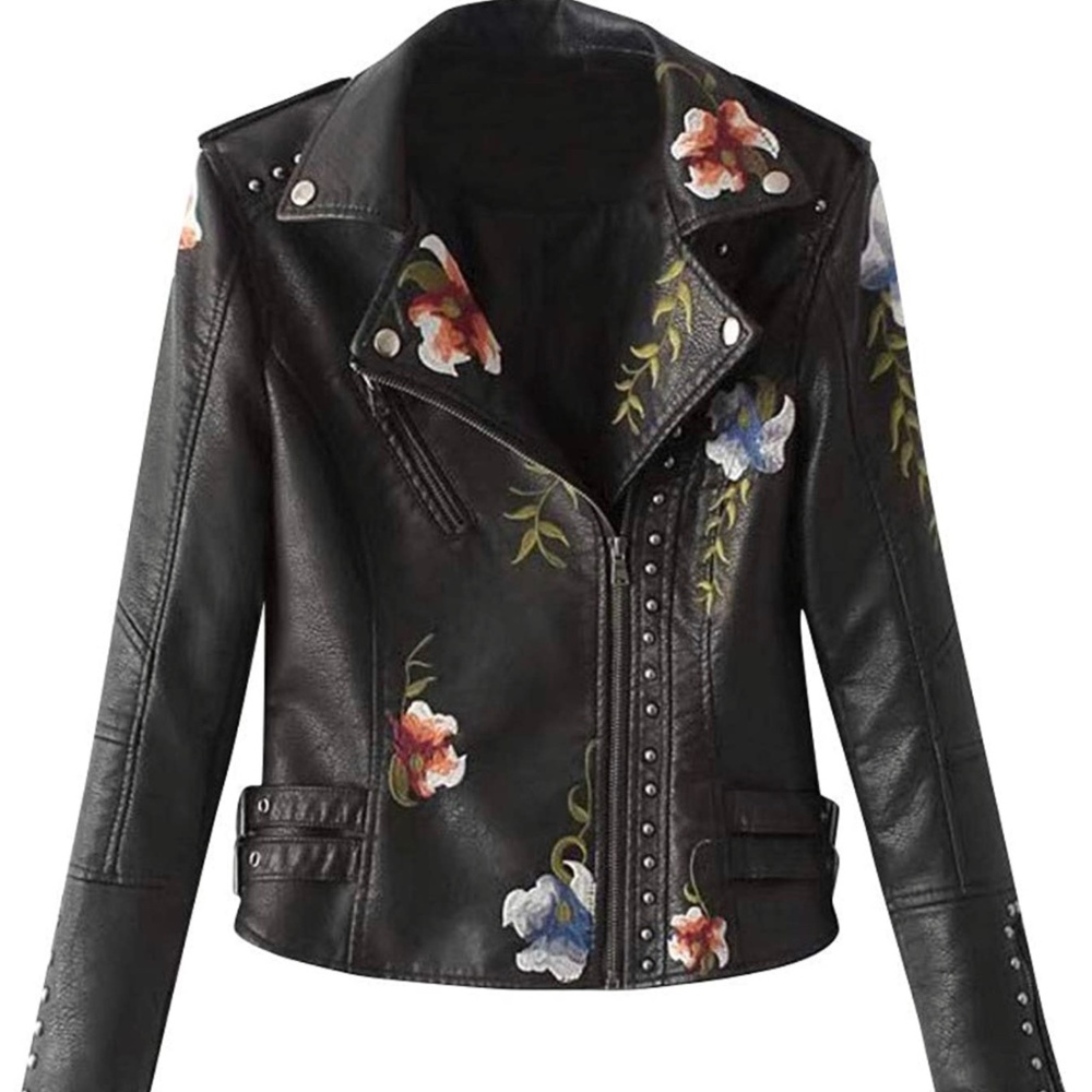 Floral embroidered, faux leather moto jacket.